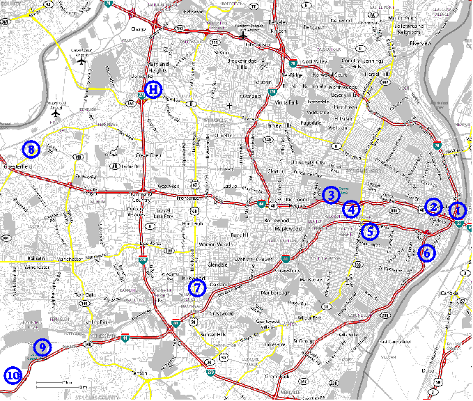 St Louis county map with points of interest