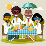 Picture of folks having a picnic while wearing lab coats