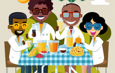 Picture of folks having a picnic while wearing lab coats