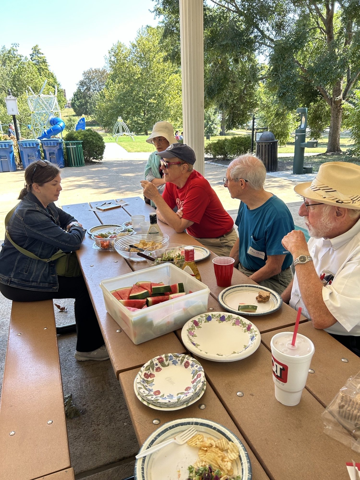 Several people sitting at a park table in a pavilion.